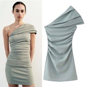 New Zara Pleated Off Shoulder Asymmetric Short Bodycon Mini Sleeveless dress